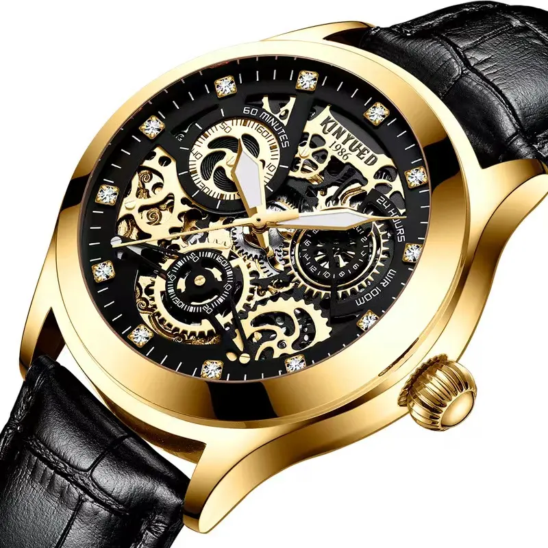 KINYUEDJ062OEMファッショントゥールビヨンスケルトン腕時計高級自動時計メンズ腕時計防水カスタムロゴレザー
