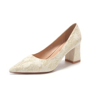 Escarpins de mariage à bout pointu 6555G, en dentelle, talon carré, chaussures de mariée hautes - Product Image 5