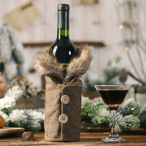 Christmas Plaid Faux Fur Wine Bottle Cover Button Design Wine Bottle Sleeve Xmas Dinner <b>Table</b> Party Decorative Wine Bottle - Product Image 4