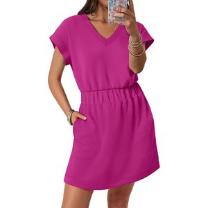 FOXA Vestido de verano para mujer con cuello en V, manga corta, cintura elástica, minivestido tipo camiseta, vestido informal para vacaciones en la playa con bolsillo - Product Image 1