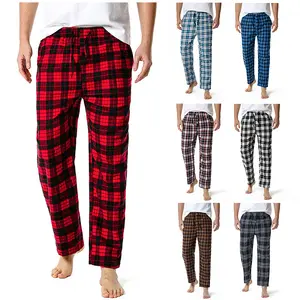 Fashion Design Plaid Pants Mens Casual Flannel Straight Full Length Loose Tartan Design Men'S Night Pants