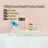 Flacon de complément alimentaire en plastique PS transparent de qualité supérieure, 100 ml, pot à capsules transparent comme du cristal avec bouchon à vis doré et bleu, conteneur pour médicaments