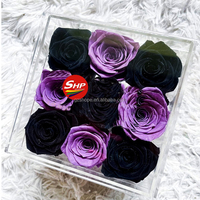 Boîte à roses élégante SHP en acrylique transparent à 9 trous avec tiroir, présentoir carré pour neuf roses éternelles, vente en gros