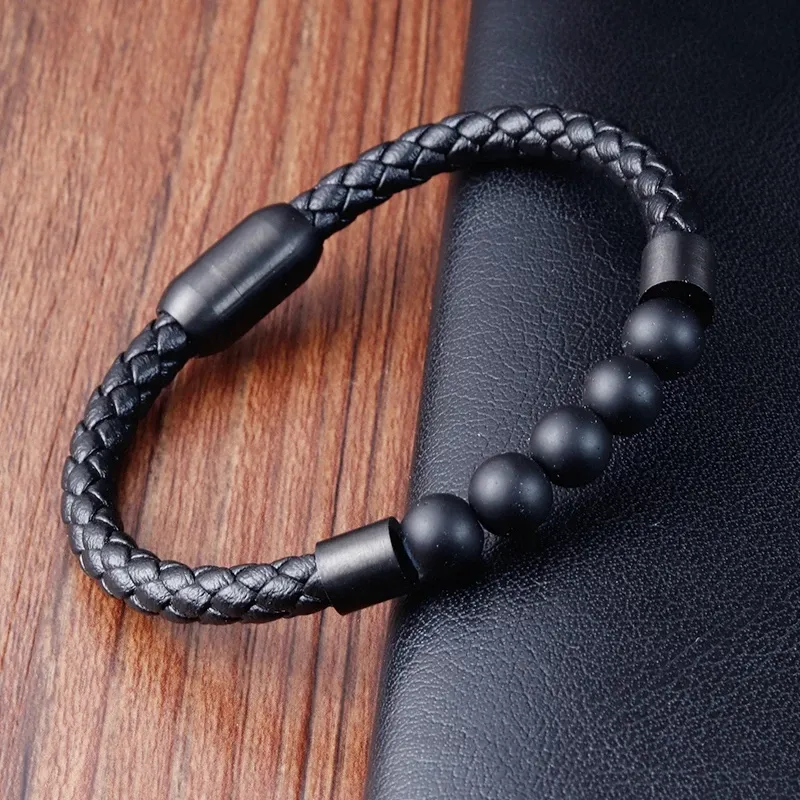 Dropshipping Tiger Eye Lava Men Natural Stone Bead Stainless Steel Magnetic Clasp Black Genuine Leather Bracelet