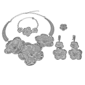 Silver-Tone Textured Flower Jewelry <strong>Chunky</strong> Chain Necklace Bracelet Earrings Ring Statement Jewelry for African Fashion &amp; Events - Product Image 5