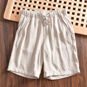 Pantalones cortos a rayas de algodón y lino personalizados de alta calidad Pantalones cortos transpirables de cintura alta con cierre de cordón informal para hombres - Product Image 4