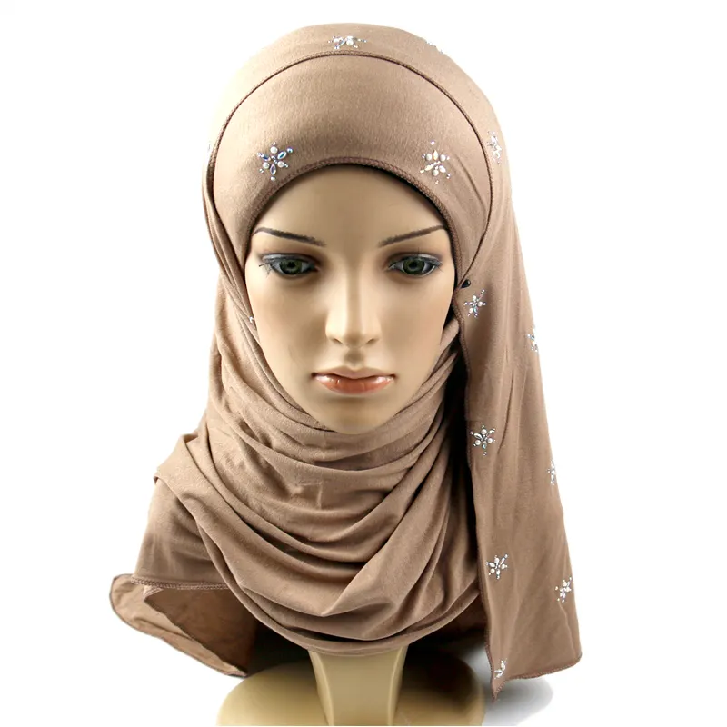 In Stock ready to ship long size collection style cotton scarf two tones jersey hijab with rhinestones