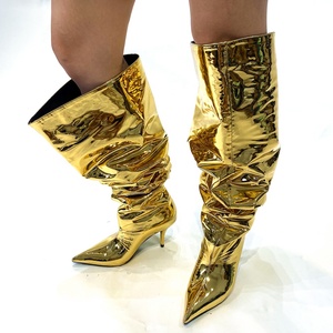 Fashion Trend Loose Pleated Upper <b>Shoes</b> Thin High Heels Pointed Toe Metallic Long Boots Women's Wide Fit Knee High Booties - Product Image 3