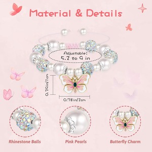 Pink Bead <strong>Bracelet</strong>, Pearl Butterfly &amp; Love Heart Design, Adjustable Handmade Woven Rope Jewelry - Product Image 3