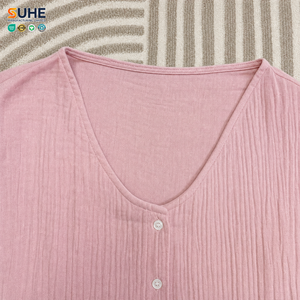 Conjunto de Pijama de Gasa Arrugada 100% Algodón para Mujer, Cuello en V, Manga Larga, con Botones, OEM ODM, Personalizado por SUHE - Product Image 3