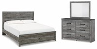 Ensemble de chambre à coucher en gros, finition gris vieilli, lit plateforme en MDF, 2 tables de nuit, commode avec miroir, suite de meubles de chambre pour la maison