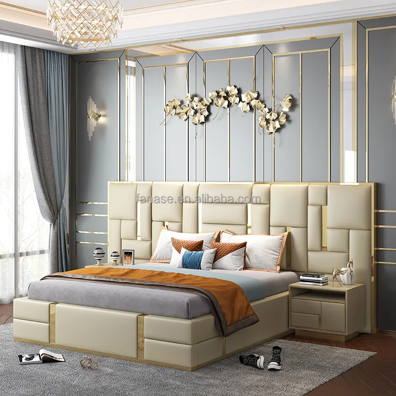 Modern Luxury King Size Bedroom Furniture Royal Large Headboard Wood Frame with Leather Double Bed on Sale Direct from Factory