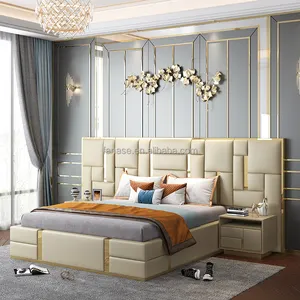 Factory Direct Modern King Size Bedroom Furniture Luxury Royal Large Headboard Wood Frame Master Bed With Leather For Sale