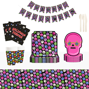 DAMAI Nuevo Juego de Vajilla de Halloween con Diseño de Calavera, Incluye Platos y Vasos Desechables de Papel para Fiesta, Artículos para Fiesta de Halloween - Product Image 1