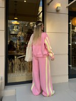 Ensemble de survêtement 2 pièces pour femme, personnalisé par les fabricants, style streetwear décontracté ample, en molleton de coton épais rose à rayures, avec fermeture éclair