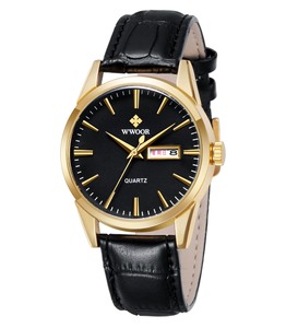Montre-bracelet à quartz pour homme en or, bracelet en cuir, fenêtre calendrier, 39 mm, étanche, style affaires, vente en gros, offre spéciale - Product Image 1