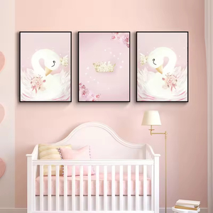 Peinture murale sur toile d'art mural de garderie de bébé fille-affiche de dessin animé de cygne rose-peinture murale décorative de chambre d'enfants nordiques - Product Image 3