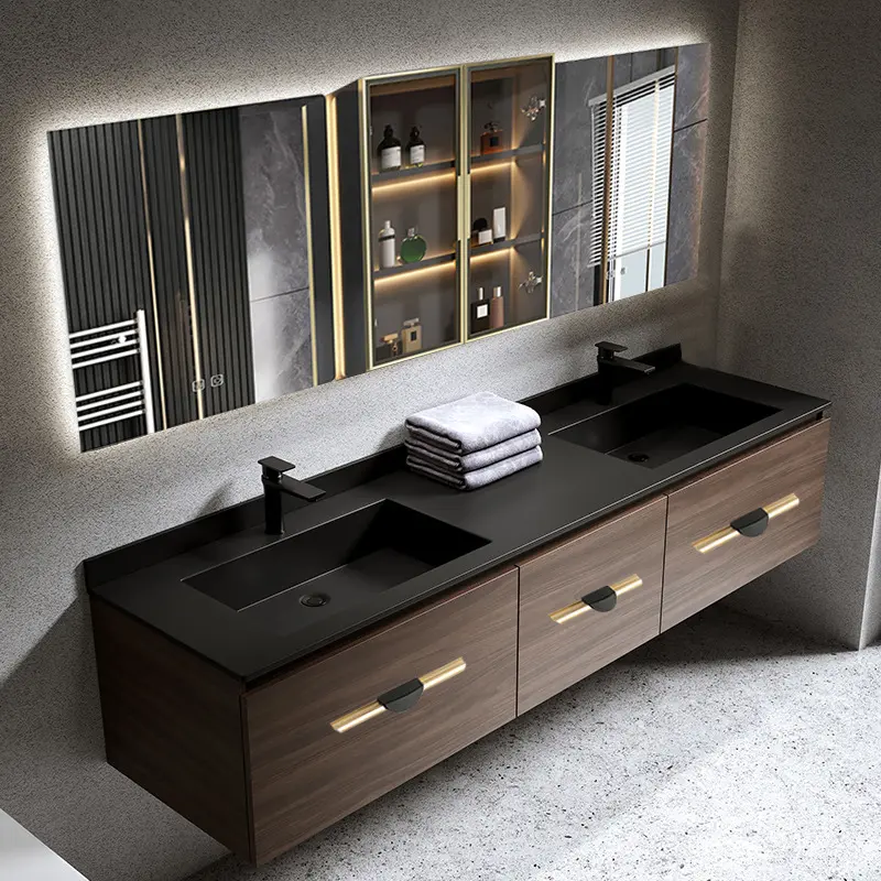 2022 Bathroom Storage Cabinet With Sink Modern Solid Wood Bathroom Vanity With Led Mirror Custom Bathroom Equipment