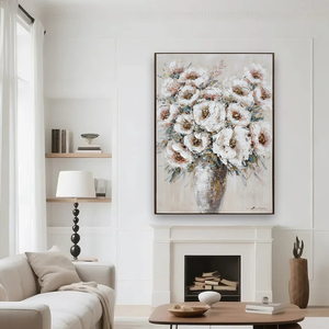 Décoration de maison de style moderne, fleurs blanches, nature morte, peinture botanique sur toile, art mural, peinture à l'huile de fleurs avec cadre en bois - Product Image 3
