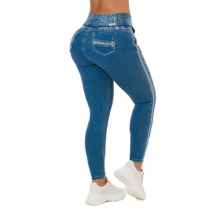 Venta al por mayor de fábrica de elástico de cintura alta y perforado azul pequeño pie roto lápiz largo <span class=keywords><strong>pantalones</strong></span> <span class=keywords><strong>vaqueros</strong></span> de las mujeres - Product Image 4