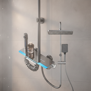 Robinet de salle de bain moderne en aluminium brossé carré réglable avec thermostat, double poignée, jet pressurisé et douche pluie douce - Product Image 6