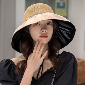 Sombrero de paja amarillo con ala ancha y lazo desmontable ajustable para mujer, protección solar para viajes al aire libre y ciclismo - Product Image 4