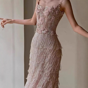 Vestido de Noche Largo con Cuentas Florales 3D en Color Rosa Pálido para Mujer, con Falda de Flecos Escalonados, Vestidos Elegantes para Bodas y Eventos Formales - Product Image 3