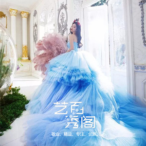 Blue Dream Princess Ball Gown Strapless Empire Waist Tulle Wedding Dress Studio Photography Outfit - Product Image 2