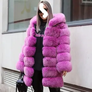 2020 New Fashion Autumn Winter Pink Plus Size Real Fur Coat Women Ladies Long Hooded Fox Fur Coat