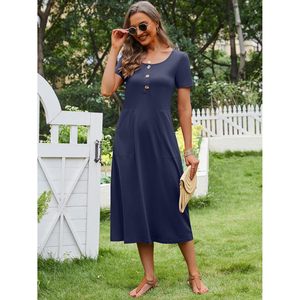 FOXA Robe mi-longue d'été pour femme, manches courtes, boutonnée, col rond, décontractée, pour vacances à la plage, ample, avec poches - Product Image 3