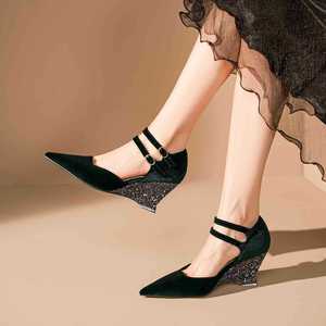 Chaussures Mary Jane à bout pointu, double bride, talons compensés, en velours noir, avec boucle, tendance mode, escarpins pour femmes - Product Image 4