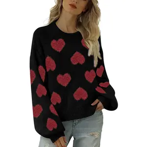 새로운 퍼프 슬리브 발렌타인 데이 핑크 스웨터 느슨한 달콤한 사랑 자카드 풀오버 스웨터