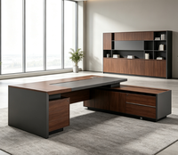 Bureau de direction moderne de luxe en forme de L avec design pliable, en panneaux de fibres à densité moyenne, avec deux armoires de rangement latérales