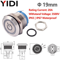 Interrupteur à bouton-poussoir en acier inoxydable 19 mm 20 A 250 V CA IP67/IP65, tête sphérique plate haute, momentané ou à enclenchement, 1NO, symbole d'alimentation en anneau