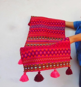 Colorful Embroidered Cotton <b>Table</b> <b>Runner</b> With Geometric Pattern And Tassels Bohemian Style From Mexico - Product Image 2