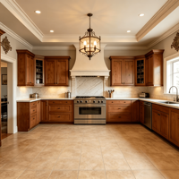 Meuble de cuisine modulaire sur mesure en bois massif avec évier, plan de travail en quartz beige veiné or, ignifuge, moderne, écologique, pour villa résidentielle