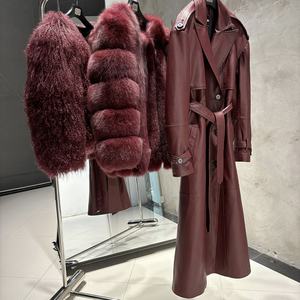 معطف واق من المطر من الجلد الطبيعي للنساء بورجوندي طويل مزدوج الصدر عالي الجودة جاكيت جلد طبيعي ملابس الشارع النسائية - Product Image 4