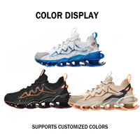 Chaussures de sport décontractées montantes pour hommes, style chaussette, imprimées color-block blanc-bleu-jaune, multi-colonnes, absorbant les chocs, tendance