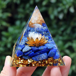 <b>Crystal</b> <b>Chip</b> Pyramid Resin Epoxy Craft Desktop Ornament With Lotus Lapis Lazuli Feng Shui Design For Living Room - Product Image 1