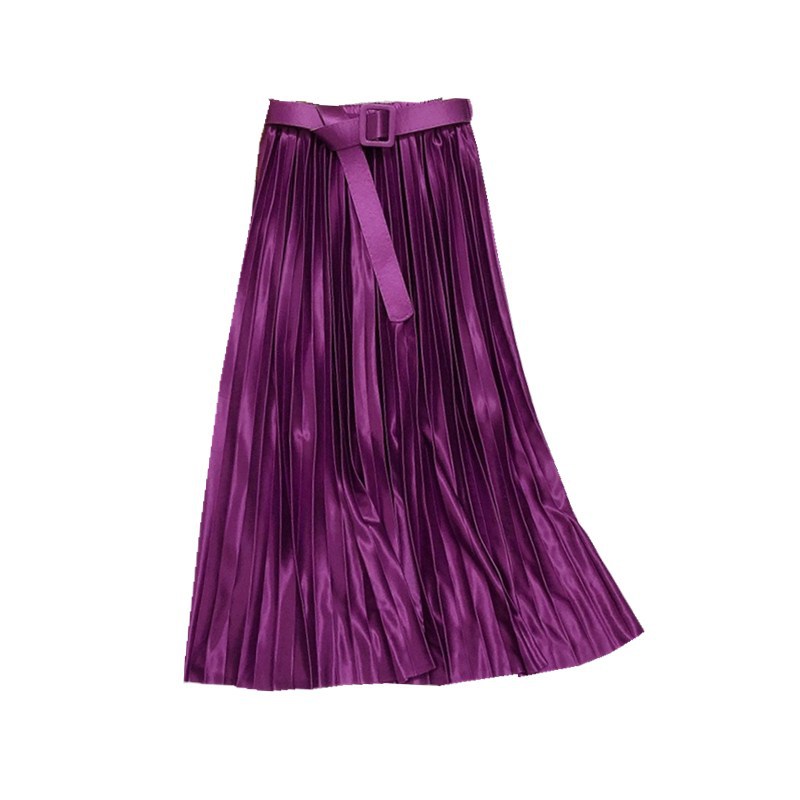 Autumn Silky Satin Draped Long Pleated Skirt Belt Shiny Elegant Candy Mid-Calf A- line Skirt Rose Purple Green