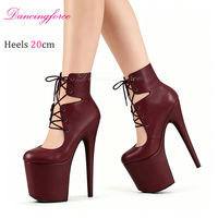 Stivaletti con Plateau e Tacco Alto 20cm 8 Pollici, Nero Opaco, Stile Romano, Allacciatura Frontale, Scarpe da Pole Dance per Donne
