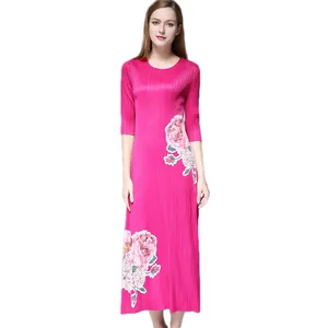 프린트 쉬폰 맥시 드레스 긴 소매 자홍색 드레스 폴리 에스테르 소재 Pleated 이브닝 드레스