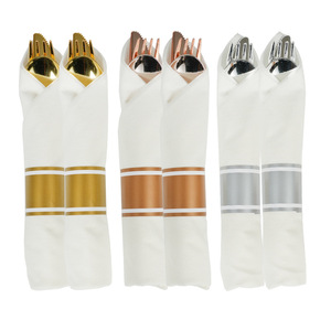 Pre Rolled Silver Or Gold Coated Napkin And Silver Cutlery Wrapped Party Silverware Set Plastic Gold Rolled Plastic Cutlery