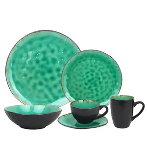 jade green glaze ceramics dinnerware crackle black glazed reactive 5 units plates bowl mugs set for table dinner use gift sets