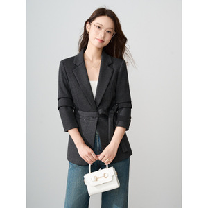 Women's Slim Fit Blazer Three Quarter Sleeve With Belt Casual Style For Spring Autumn 2025 Anti-Wrinkle Gray - Product Image 2