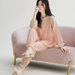 Pure Cotton Gauze Mulher Pijamas para a Primavera e Outono Sweet Lovely Lace Guarnição Fina Manga Longa Respirável e para HomeWear - Product Image 1