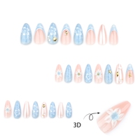 Faux ongles courts en PMMA bleu clair style français, motif fleur 3D, étoile de mer, coquillage, forme amande, avec estampage doré, personnalisables, vente en gros