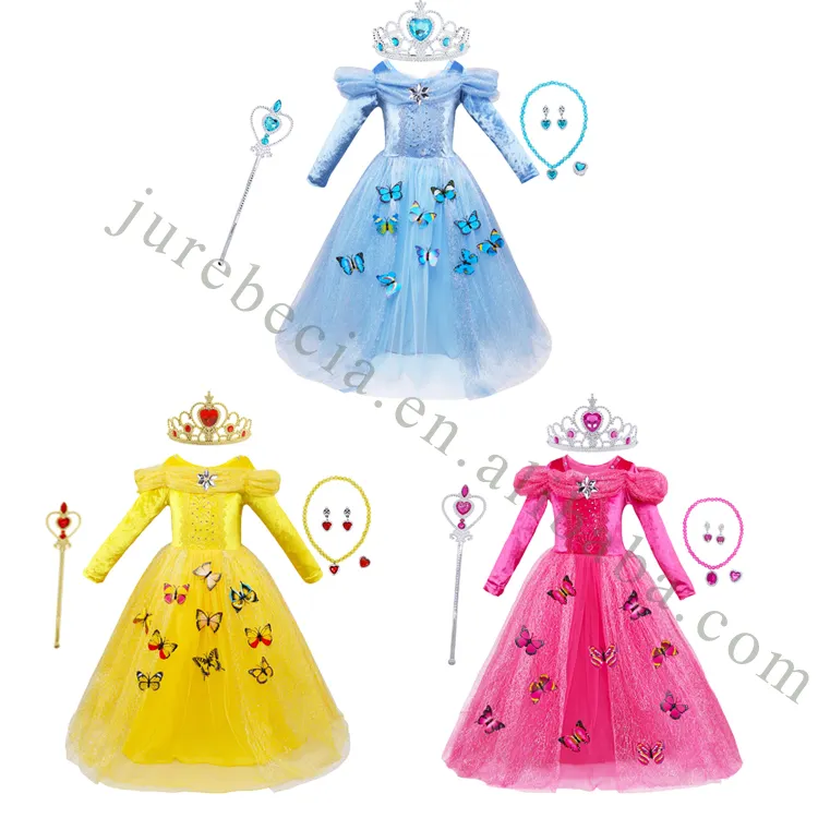 Robes fantaisie de fête d'halloween pour filles, manches longues, petites filles, Belle aurore, Costume de princesse papillon avec accessoires