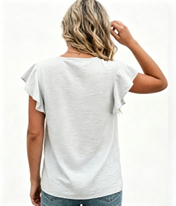 Top casual da <span class=keywords><strong>donna</strong></span> con maniche arricciate bianche, girocollo, morbido e traspirante, camicetta estiva, per uso quotidiano, leggera ed elegante - Product Image 3