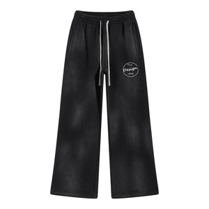 Pantalon de survêtement vintage en coton épais délavé à l'acide, coupe ample, jambe large, taille mi-haute, avec logo personnalisé, étiquette tissée, style sportif en molleton, élastique - Product Image 1